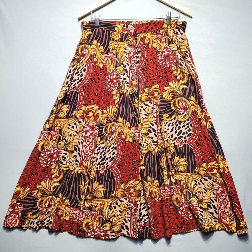 VTG Chaus Baroque Floral Animal Print A-Line Midi Skirt Womens 14 Red Rayon Boho